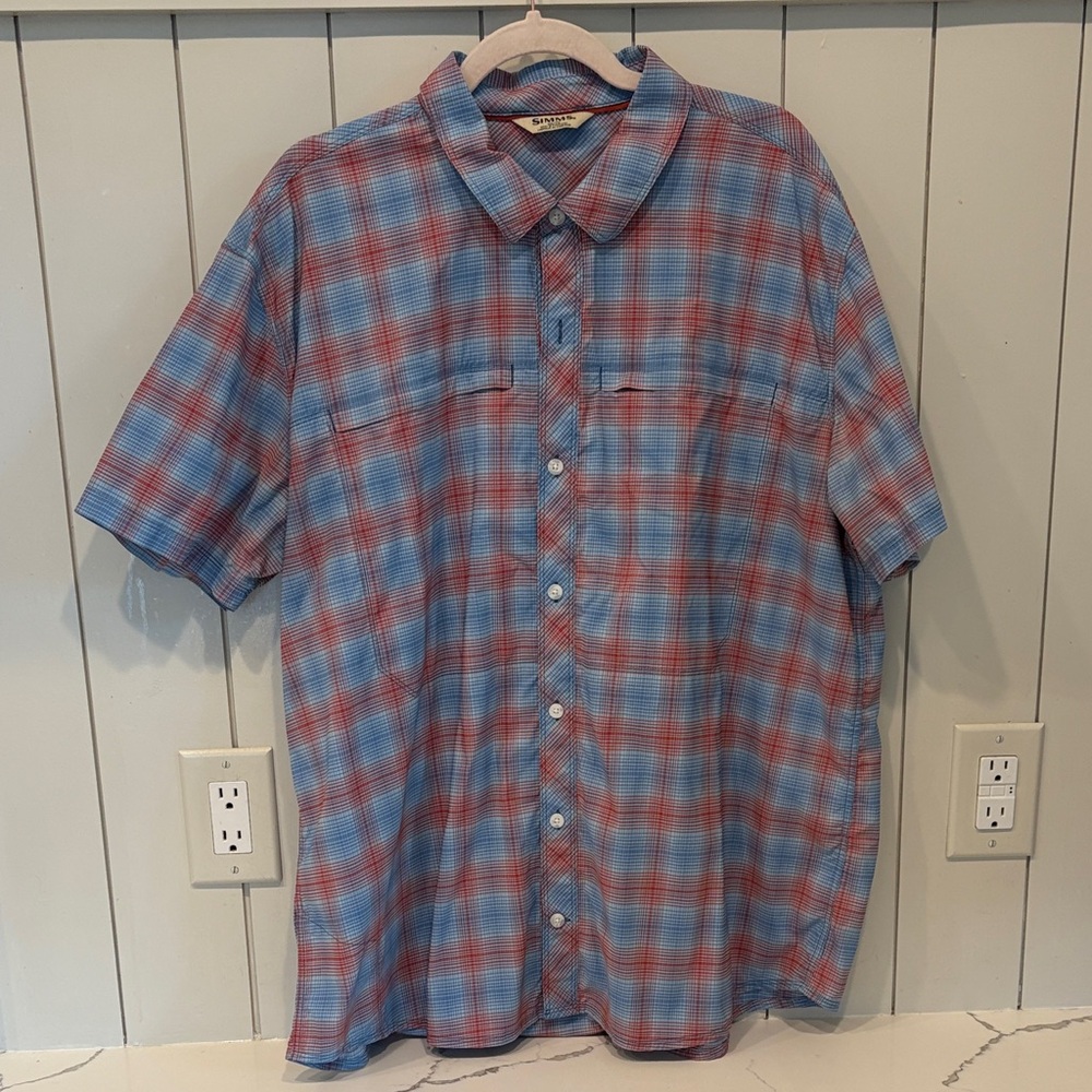 Simms Blue and Red Plaid Men's Short Sleeve Performance Shirt